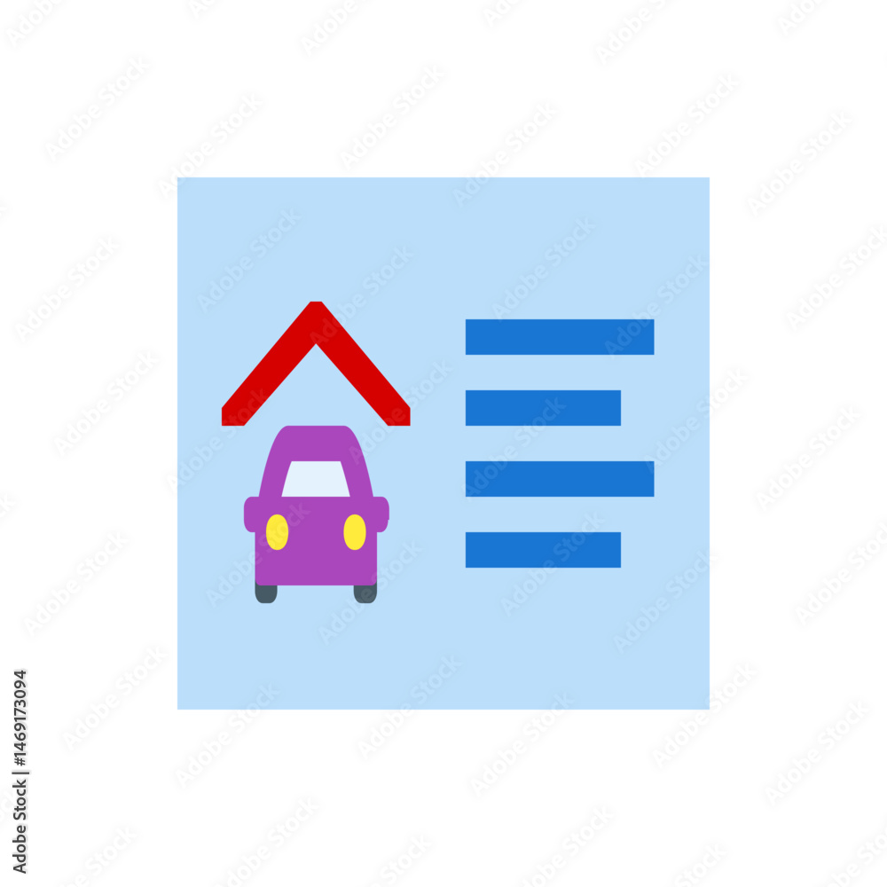 Illustration of a purple car under a red roof with blue horizontal lines on a light blue background Illustration of a purple car under a red roof with blue horizontal lines on a light blue background