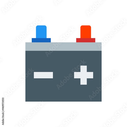 Illustration of a car battery with blue and red terminals and plus and minus signs on a gray body
