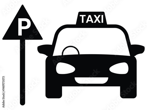 Taxi icon vector design on white background. Taxi cab car vector icon with parkin sign on a street. Silhouette of cab taxi, parking icon, privet car vector illustration.