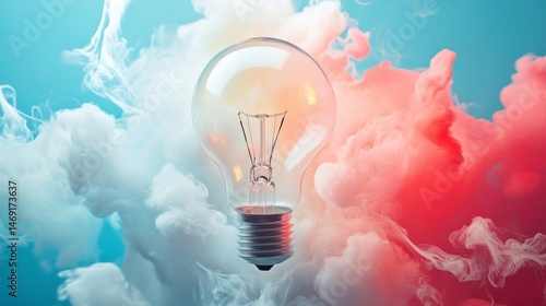 Creative light bulb glowing in colorful clouds of pink blue background in surreal concept style