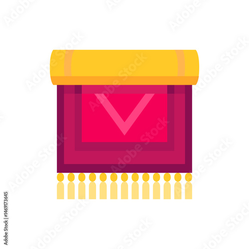 Illustration of a rolled up pink and purple rug with yellow tassels and a yellow roll at the top edge