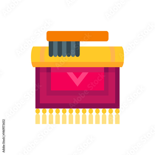 Illustration of a pink and purple prayer rug with yellow tassels and a cleaning brush on top of it