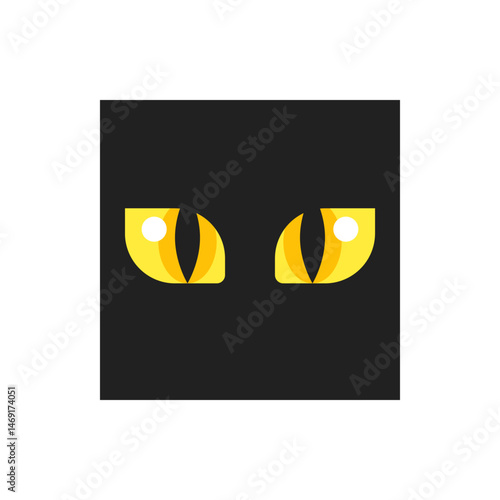 A pair of stylized yellow cat eyes with white pupils peering out from a dark black background design