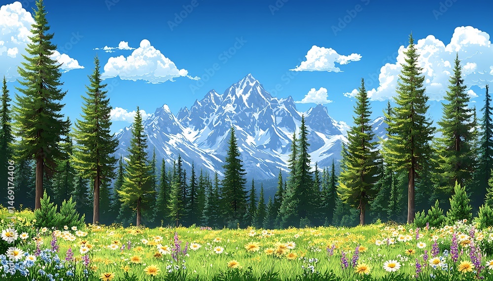 Fototapeta premium Lush mountain meadow under a vibrant blue sky.