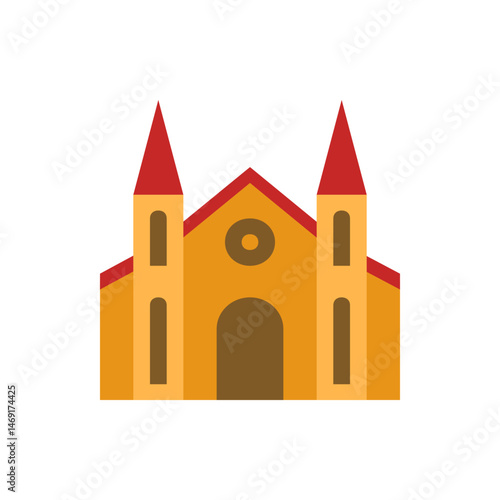 Illustration of a church with two towers and a red roof on a white background in flat design style