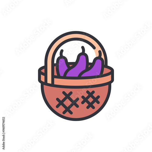 Artistic depiction of eggplant in a woven basket against White backdrop