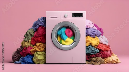 A pastel pink washing machine surrounded by a vibrant pile of laundry, illustrating a colorful laundry day scene