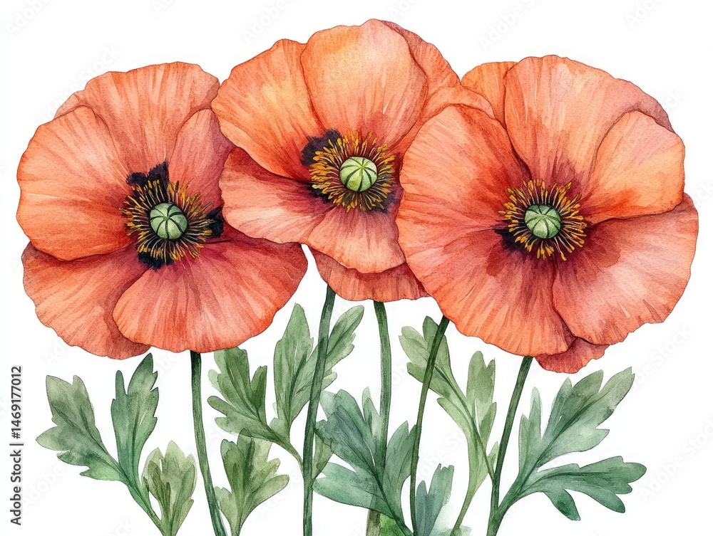 Obraz premium Watercolor illustration of three vibrant orange poppies. Delicate petals and green leaves