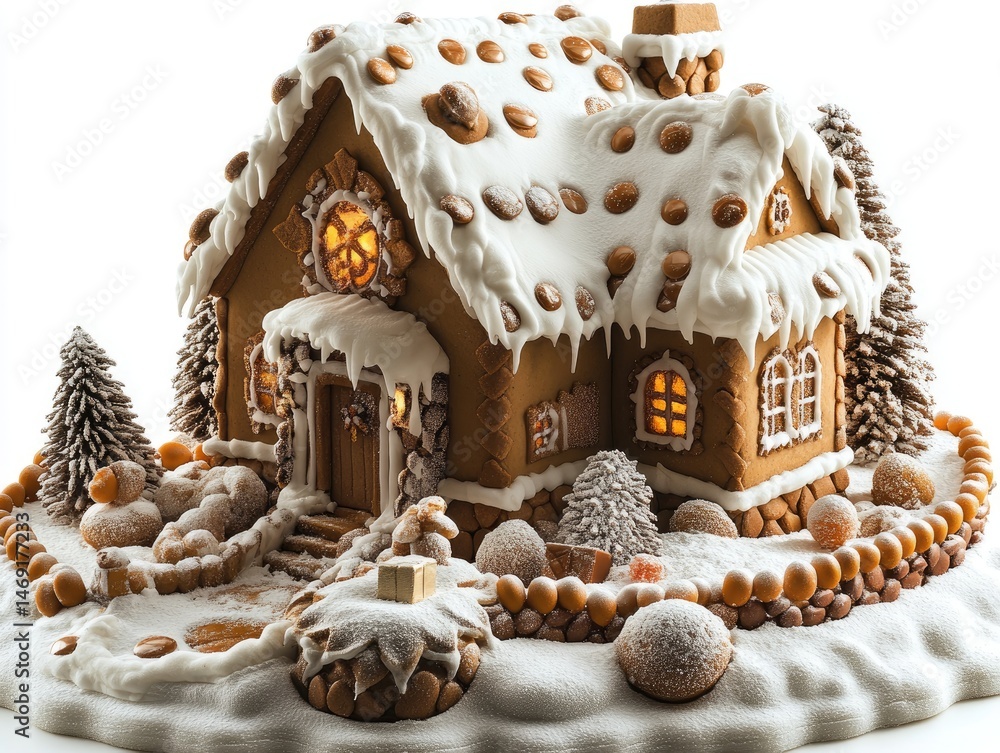 Detailed gingerbread house with snowy landscape Detailed gingerbread house with snowy landscape