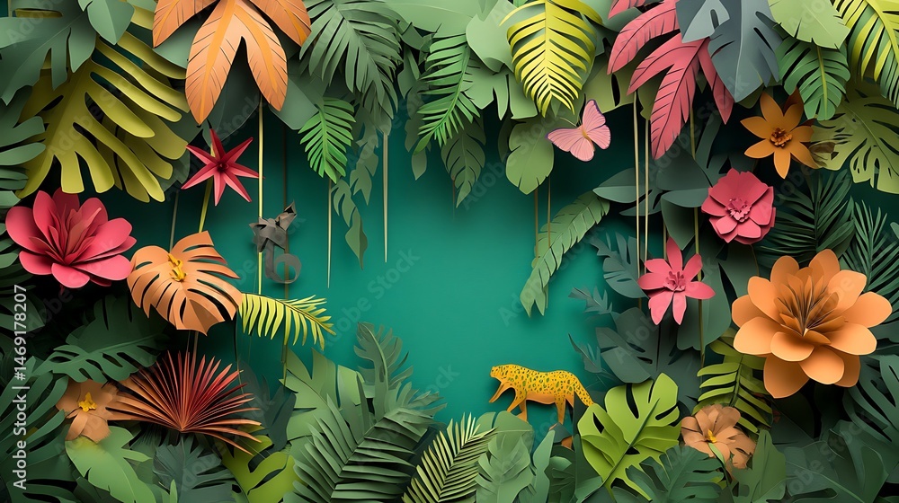 Fototapeta premium Paper Jungle Animals Flowers.