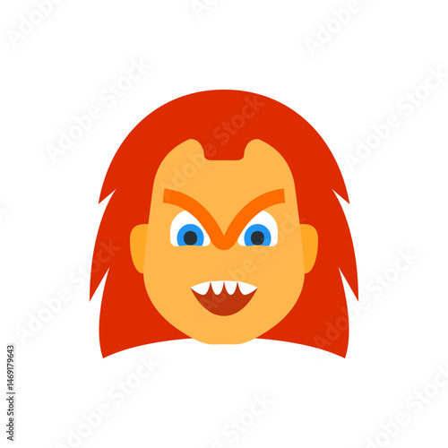 Illustration of a cartoonish face with red hair, blue eyes, and an angry expression on a white background