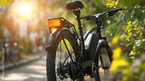 Electric bike adventure on a sun dappled pathway amidst summer foliage