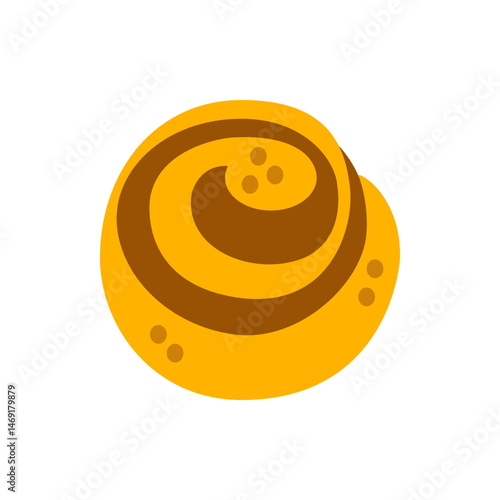 Illustration of a cinnamon roll with a brown swirl on a yellow background and small yellow dots