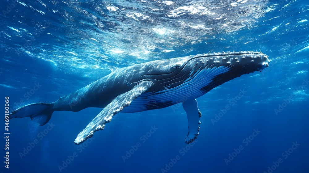 Naklejka premium Majestic humpback whale gracefully glides through ocean depths
