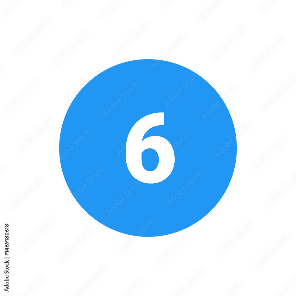 A light blue circle containing the white number six in the center on a white background illustration A light blue circle containing the white number six in the center on a white background illustration