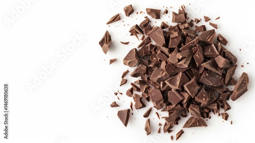 Pile of broken dark chocolate pieces on white background