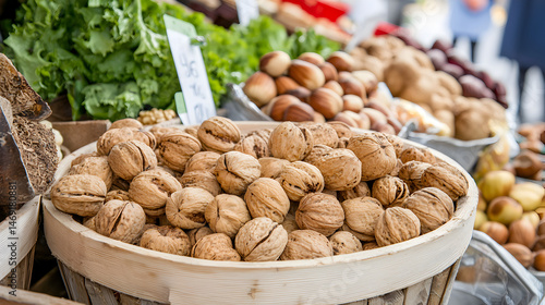 Fresh Walnuts at Market: Close-up of a rustic basket overflowing with fresh, shelled walnuts, creating a warm and inviting display of natural bounty.
