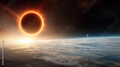 Fototapeta Naklejka Na Ścianę i Meble -  Dramatic Total Solar Eclipse View from Space Over Planet Earth Horizon space earth horizon corona