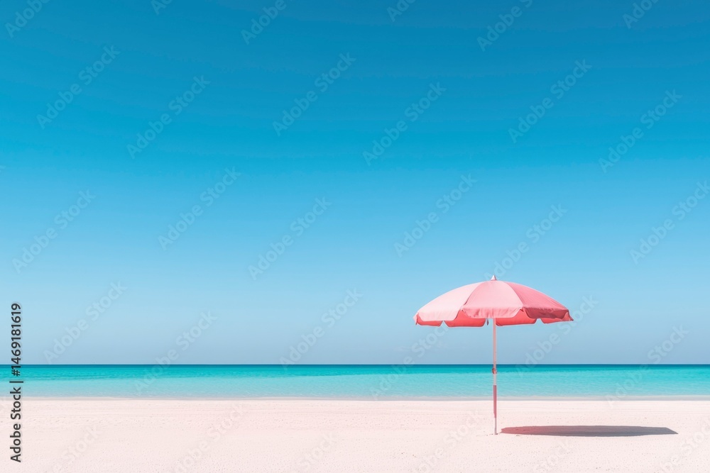 Pink beach umbrella, turquoise water, clear sky Pink beach umbrella, turquoise water, clear sky