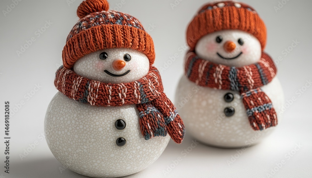 Fototapeta premium Two cheerful snowmen figurines, each wearing a knitted orange hat and scarf