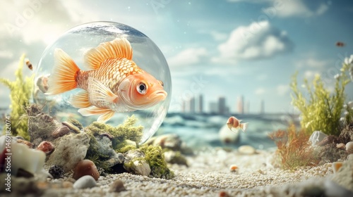 Fantasy aquarium with fish swimming inside transparent globe in surreal beach landscape environment