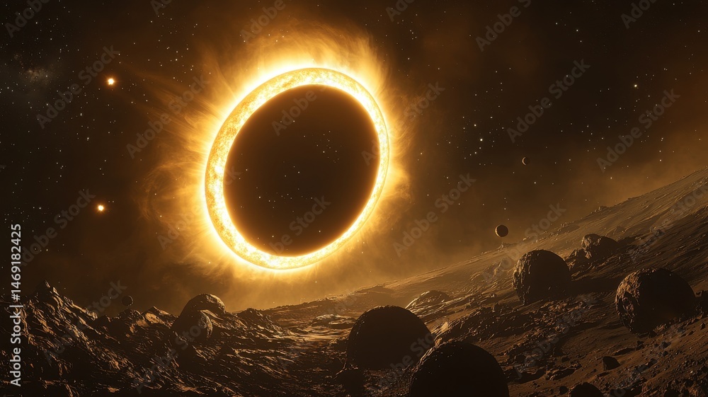 Obraz premium Dramatic Cosmic Eclipse Over Alien World eclipse dramatic cosmic space cosmos universe galaxy sun ai