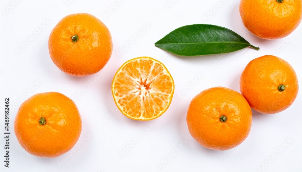 Fresh Oranges Whole and Cut Half with Green Leaves on White Background Fresh Oranges Whole and Cut Half with Green Leaves on White Background