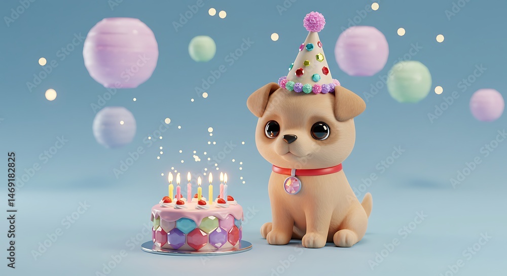 Fototapeta premium Cute Birthday Puppy with Cake
