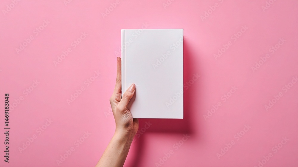 Obraz premium Hand Holding Closed White Book on Pink Background