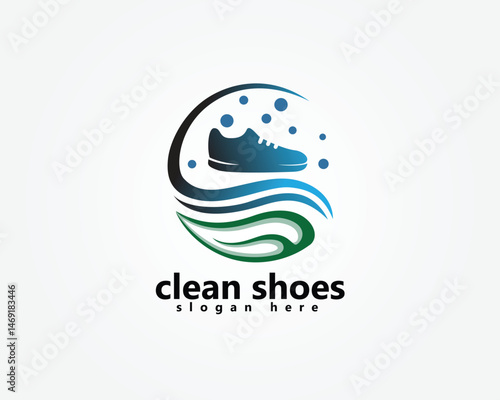 shoes store and shoes clean logo, shoes with circular waves and abstract leaves, logo design template
