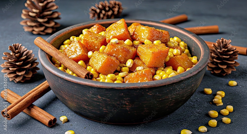 Fototapeta premium Minimalist Autumn Harvest Scene Dark Bowl With Roasted Pumpkin and Corn, Styled With Cinnamon Sticks and Pinecones