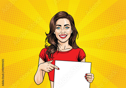 Young beautiful girl with blank poster for your advertising in pop art style. vector illustration on color background