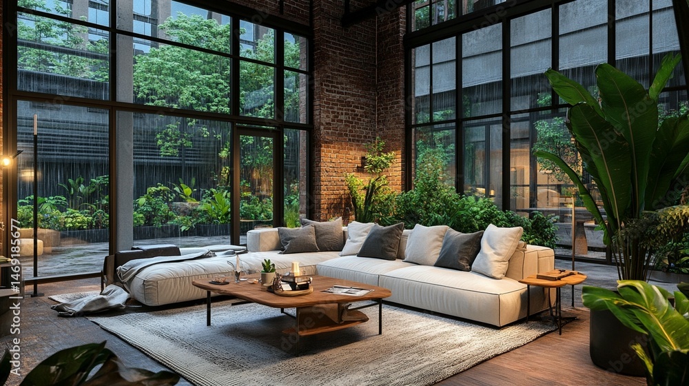 Fototapeta premium Modern Living Room, Rainy Day View