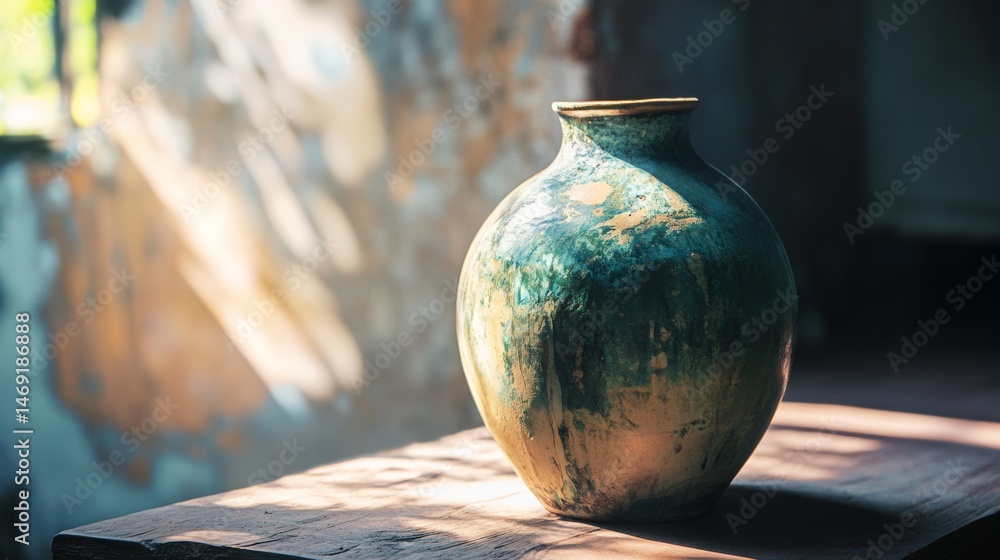 Old ceramic vase placed on wooden table in warm golden sunlight with rustic surrounding decor