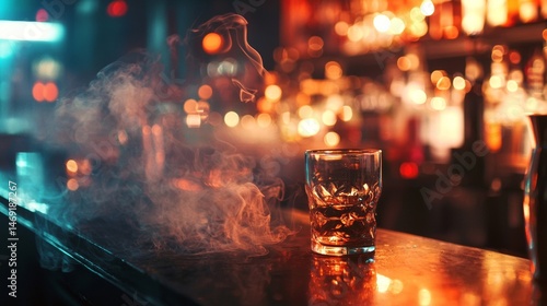 Obraz na płótnie Bar counter with moody lighting and cocktail glass surrounded by smoke for nightlife concept ambience w salonie
