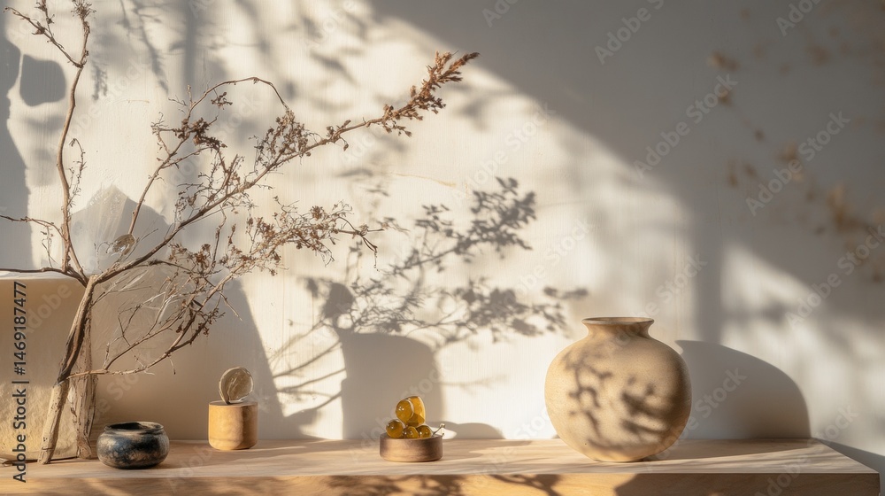 Still life scene of sculpture head and dry branches on table under sun shadow for fine art