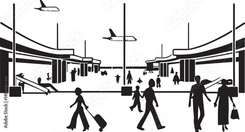 A man's silhouette swings and carries a suitcase on aieport
