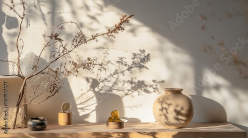 Obraz na płótnie Still life scene of sculpture head and dry branches on table under sun shadow for fine art w salonie