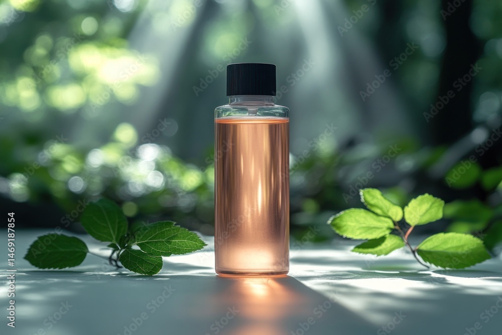 Amber bottle of liquid surrounded by lush green leaves in a sunlit forest Amber bottle of liquid surrounded by lush green leaves in a sunlit forest