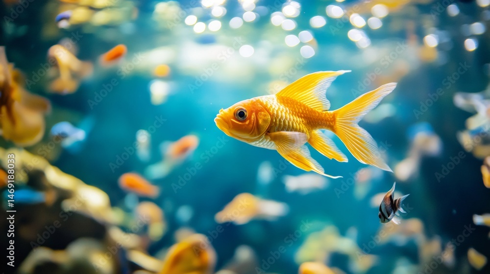 Aquarium scene with vibrant goldfish and coral underwater captured in crystal clear depth and lighting