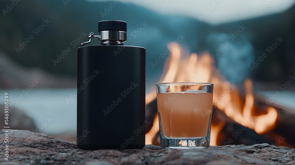 Fototapeta premium Flask and Drink by Campfire: A rustic scene unfolds where a sleek, dark flask stands confidently beside a glass filled with a vibrant cocktail, all set against the backdrop of a crackling campfire.