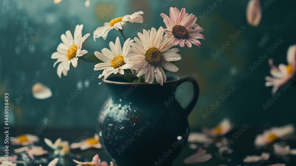 Ceramic vase with wildflowers in dark rustic room with moody floral lighting and dramatic ambience