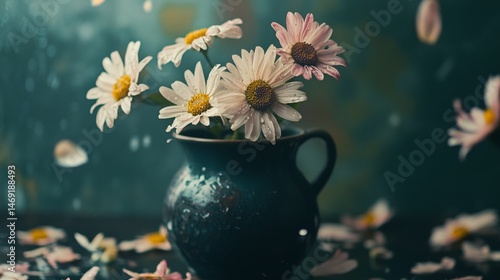 Obraz na płótnie Ceramic vase with wildflowers in dark rustic room with moody floral lighting and dramatic ambience w salonie