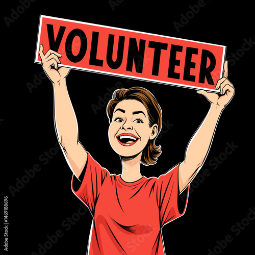 Cheerful volunteer enthusiastically holding sign, community engagement