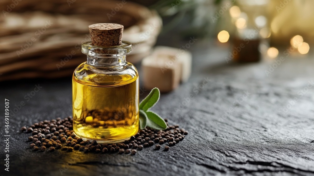 Essential oil bottle on slate surface surrounded by fresh ingredients and golden bokeh for wellness concept
