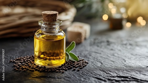 Obraz na płótnie Essential oil bottle on slate surface surrounded by fresh ingredients and golden bokeh for wellness concept w salonie