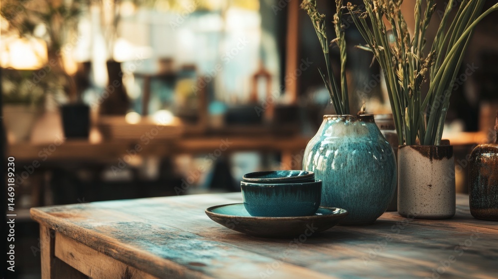 Rustic breakfast table with cups plates and vase setup in interior restaurant style with vintage tone