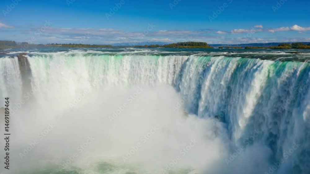 A slow-motion cinematic portrayal of the mist at Skogafoss waterfall in Iceland during a bright day A slow-motion cinematic portrayal of the mist at Skogafoss waterfall in Iceland during a bright day