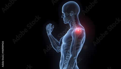 Skeleton with Shoulder Pain on Black Background