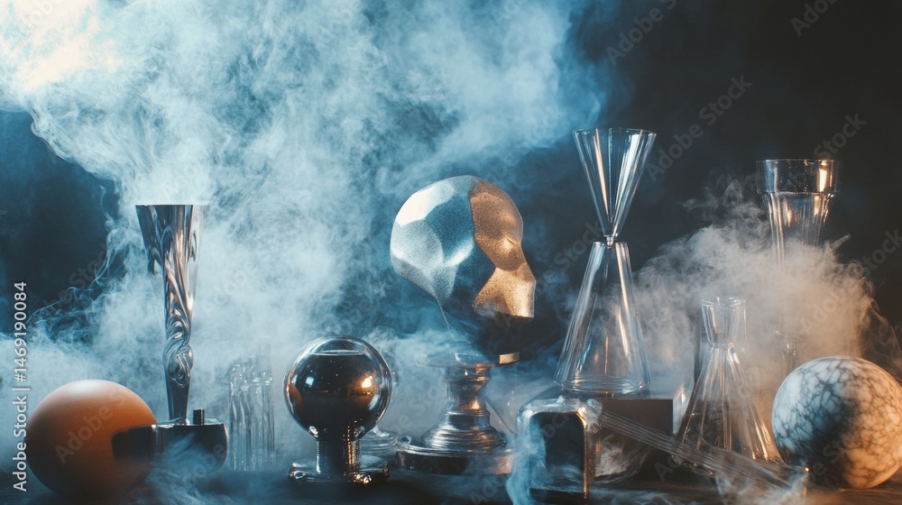 Vintage barware and mist creating moody drink preparation scene with reflective metal cocktail tools arrangement